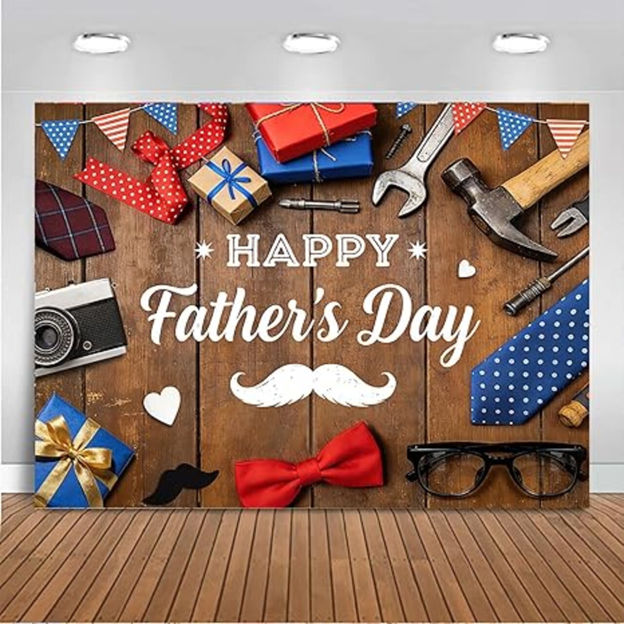Fathers Day Backdrop Banner Happy Father's Day Decorations Banner Rustic Wood Tie Tool I Love Dad Background Best Dad Ever Party Supplies Photo Booth Props (7x5ft (82x60 inch))